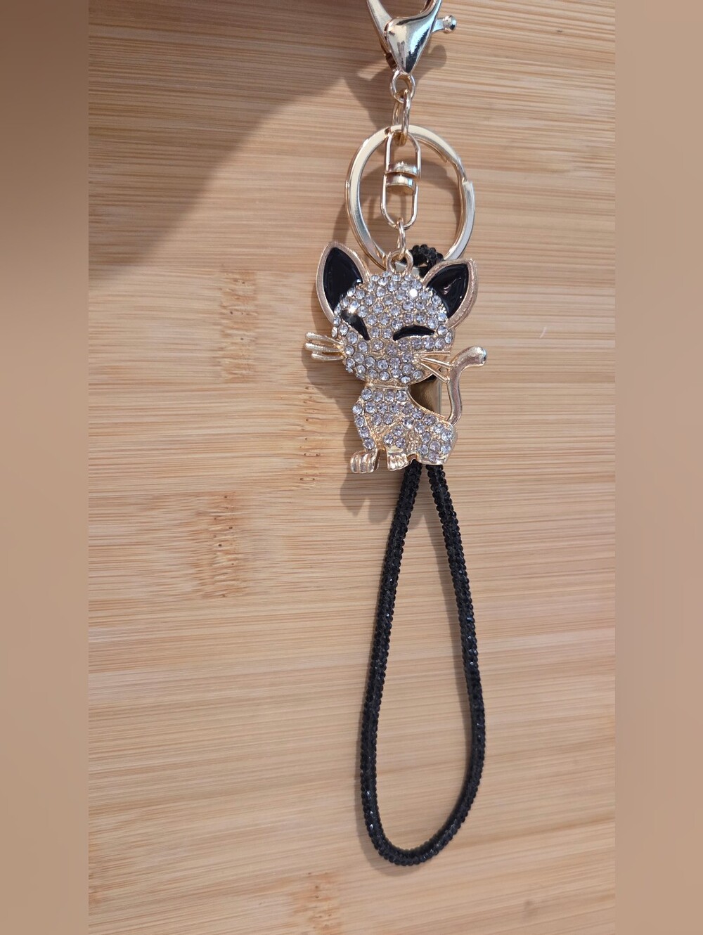 Crystal Encrusted Kitten Purse Charm Wristlet Lanyard Keychain Gold & Black - Picture 7 of 12